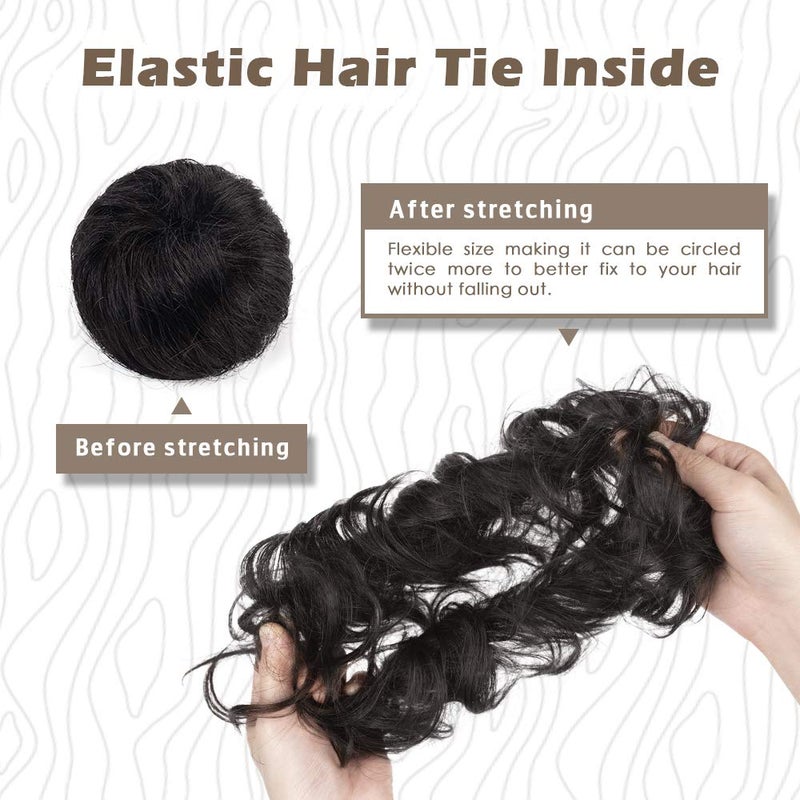 BARSDAR 100% Human Hair Bun Extension - Real Human Hair Black Messy Bun Scrunchie for Women - Elastic Wavy Updo Extensions Thick Soft Fluffy Natural Looking Chignons Hairpieces - Natural Black - Image 3